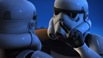 HD PC desktop wallpaper of two Stormtroopers from the TV show Star Wars Rebels, a Stormtrooper Commander pointing in close-up.