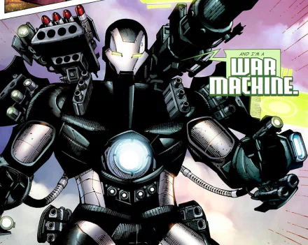 A dynamic comic-themed image featuring War Machine in his armored suit, showcasing advanced weaponry and tech, designed as an HD PC desktop wallpaper and background.