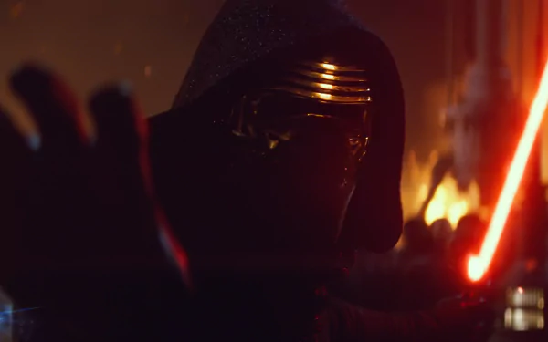 Kylo Ren from Star Wars: Episode VII - The Force Awakens, featuring his iconic mask and red lightsaber, set against a dramatic backdrop, is displayed as a high-definition desktop wallpaper.
