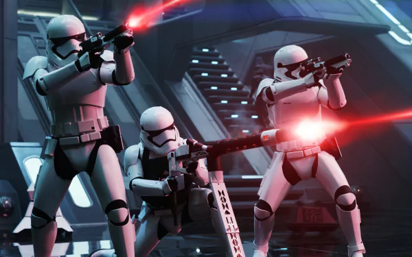 A high-definition desktop wallpaper featuring stormtroopers from Star Wars Episode VII: The Force Awakens, poised with blasters and firing red laser beams.