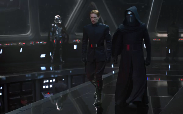 A dramatic scene from Star Wars Episode VII: The Force Awakens, featuring Domhnall Gleeson as General Hux, Kylo Ren, and Captain Phasma, set against a high-tech backdrop.