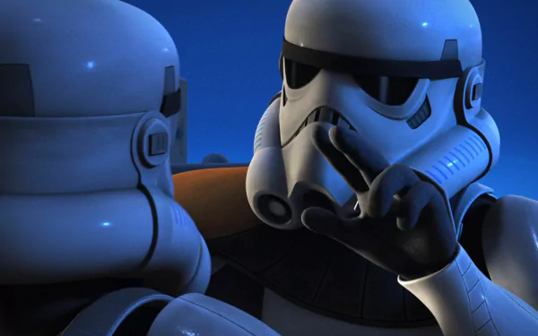 HD PC desktop wallpaper of two Stormtroopers from the TV show Star Wars Rebels, a Stormtrooper Commander pointing in close-up.