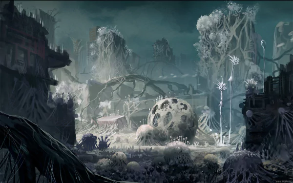 Post-apocalyptic city ruins from the comic Romantically Apocalyptic, depicted in an HD desktop wallpaper showcasing a desolate, overgrown urban landscape.