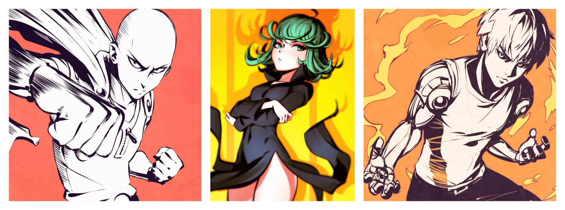 High-definition wallpaper featuring Genos, Tatsumaki, and Saitama from One-Punch Man, showcasing their dynamic poses against vibrant backgrounds. Anime art style.