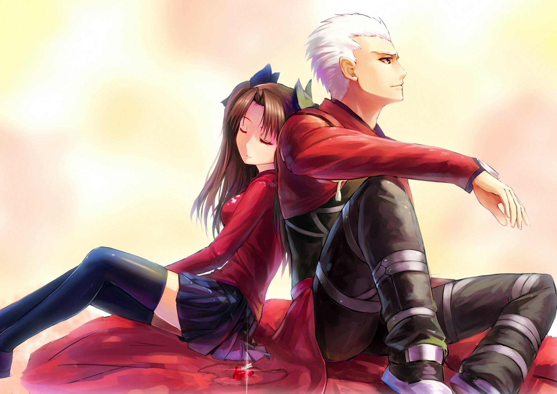 HD PC desktop wallpaper featuring Rin Tohsaka and Archer from the anime Fate/Stay Night, with warm lighting and detailed character design.