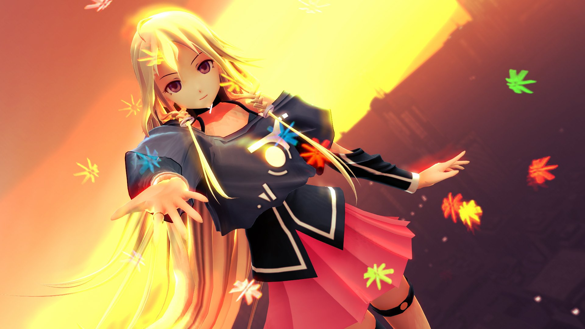 HD anime desktop wallpaper of Vocaloid IA with long blonde hair, wearing a sailor-style outfit and reaching out as colorful autumn leaves swirl around a warm, glowing sky.