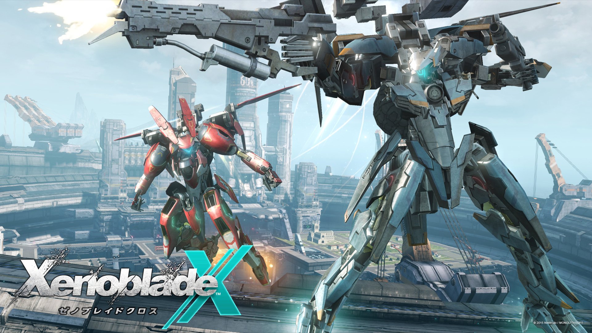 HD wallpaper of Xenoblade Chronicles X featuring mechs called Skells in a futuristic city background.