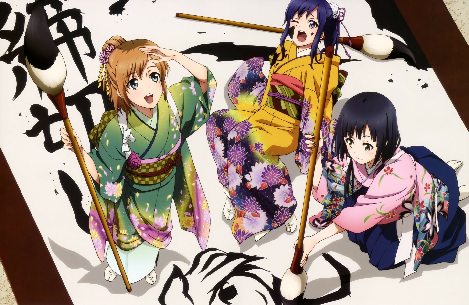 HD desktop wallpaper of Shirobako featuring characters in traditional attire with calligraphy tools, creating an engaging and vibrant background.