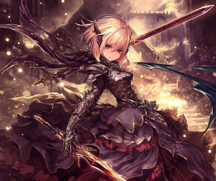 Anime-style HD desktop wallpaper of a woman warrior with blonde short hair and orange eyes, clad in detailed armor, wielding a sword against a mystical background.