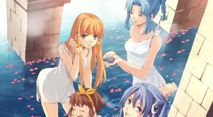 HD PC desktop wallpaper from the video game Ys Seven featuring four characters in white dresses by a pool with floating pink petals.