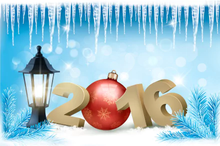 HD PC desktop wallpaper featuring a glowing lantern, icicles, and 2016 holiday numbers with a Christmas ornament, capturing a festive New Year 2016 winter scene.