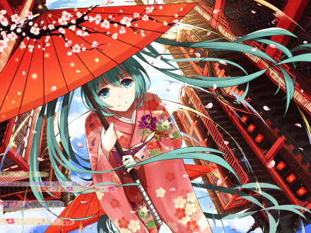Anime character with blue hair and eyes, wearing a kimono, holds an umbrella with pink petals in the background. This HD wallpaper features Hatsune Miku from the Vocaloid series.