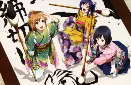 HD desktop wallpaper of Shirobako featuring characters in traditional attire with calligraphy tools, creating an engaging and vibrant background.
