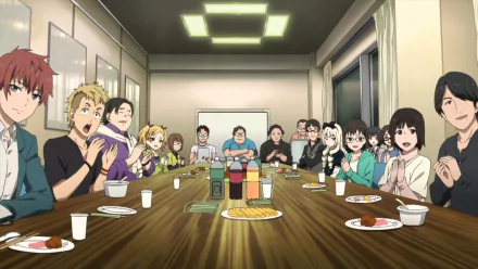 HD desktop wallpaper of Shirobako anime featuring characters gathered around a meeting table with food and drinks.