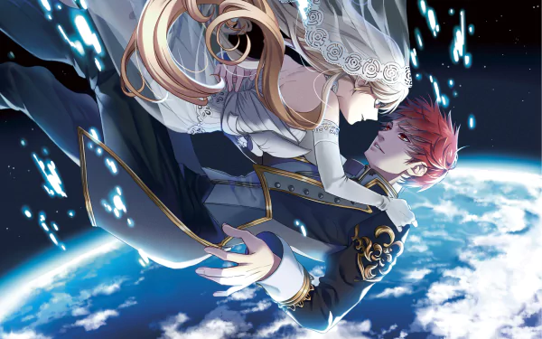 An HD anime wallpaper featuring a bride and groom floating in space with Earth in the background, creating a romantic and surreal scene.