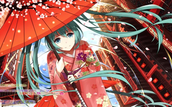 Anime Vocaloid Hatsune Miku Kimono Umbrella Petal Long Hair Blue Hair Blue Eyes HD Wallpaper | Background Image