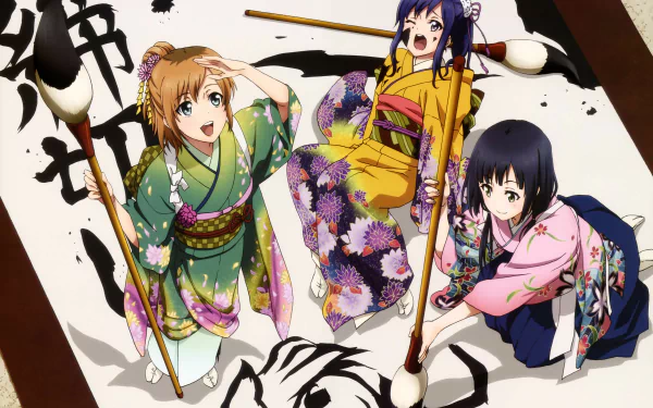 HD desktop wallpaper of Shirobako featuring characters in traditional attire with calligraphy tools, creating an engaging and vibrant background.