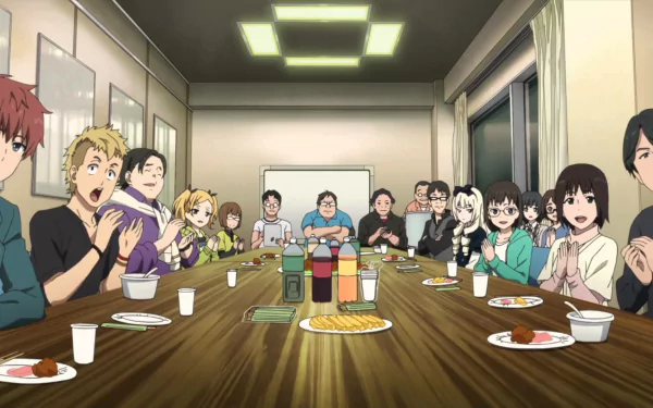 HD desktop wallpaper of Shirobako anime featuring characters gathered around a meeting table with food and drinks.