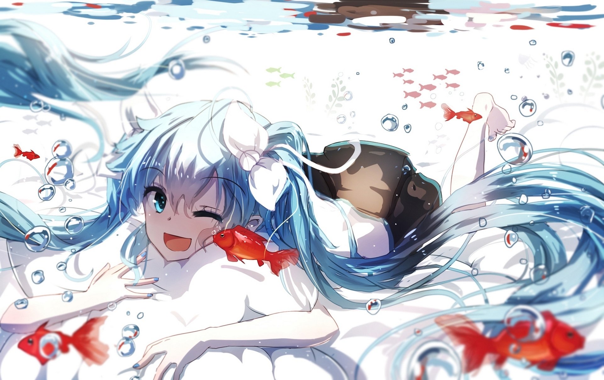 A vibrant HD anime wallpaper featuring Hatsune Miku with long blue hair and blue eyes, playfully interacting with goldfish underwater amidst shimmering bubbles.