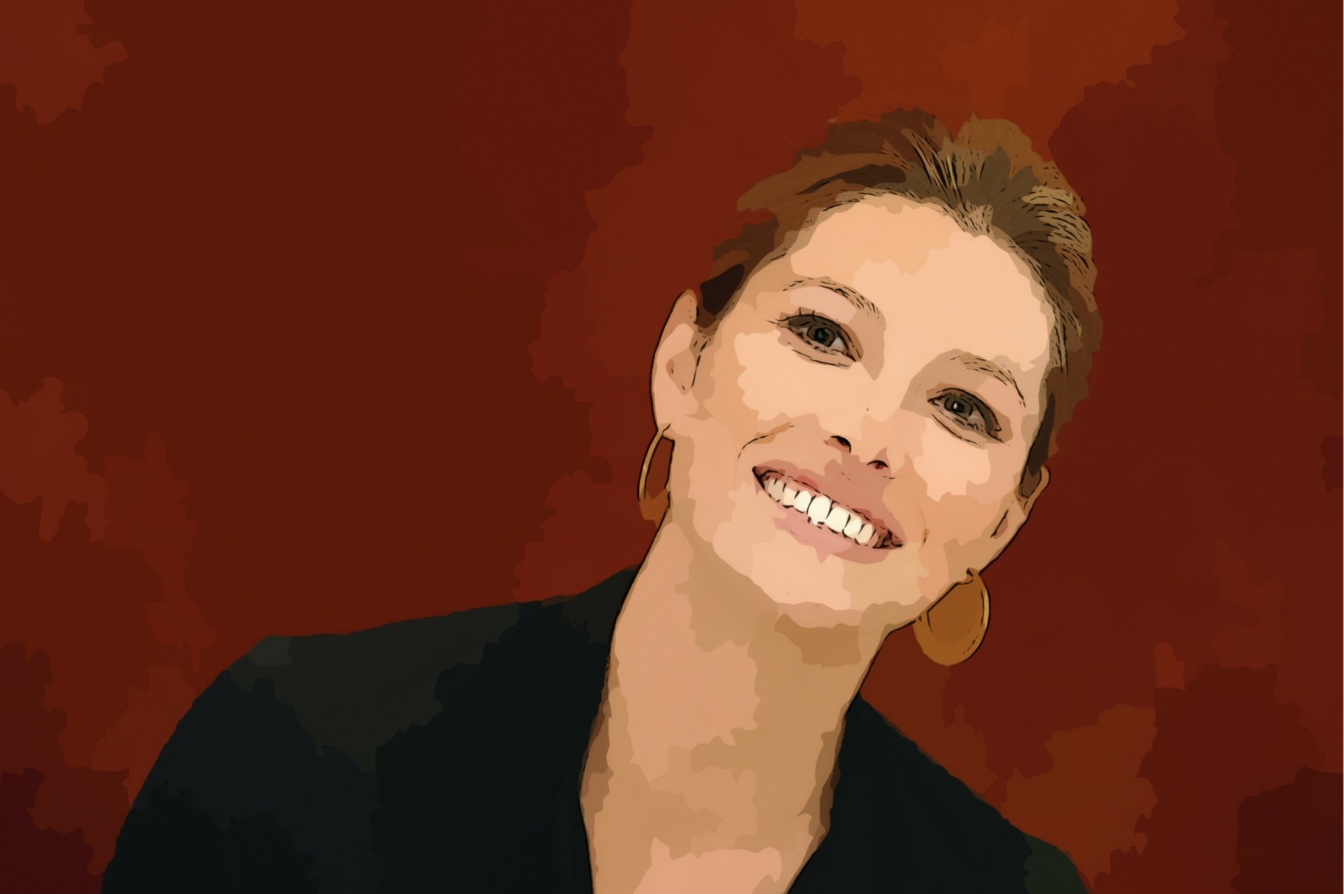 Smiling female portrait against a warm red backdrop, stylized 4K Ultra HD PC desktop wallpaper.