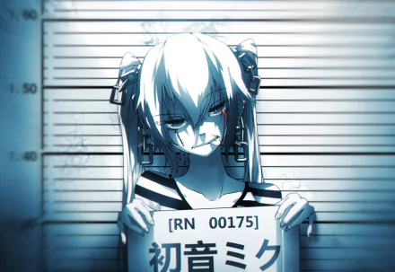 HD desktop wallpaper featuring Hatsune Miku from Vocaloid, with long hair and an intense expression in a mugshot setting.