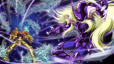 An epic scene featuring Aries Shion and Libra Doko from the anime Saint Seiya, showcasing dynamic action and vibrant colors in a high-definition wallpaper.