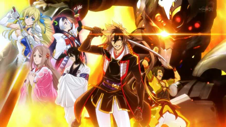 HD anime desktop wallpaper featuring characters from Nobunaga the Fool in dynamic poses with vibrant, fiery backgrounds.