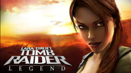 HD PC desktop wallpaper featuring Lara Croft from the video game Tomb Raider: Legend against a dramatic sunset background.