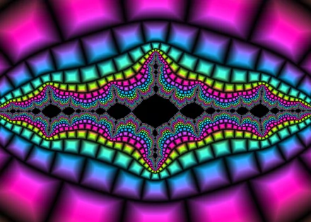 Vivid rainbow abstract fractal in neon magenta, cyan, green and black with symmetrical stained-glass patterns — HD PC desktop wallpaper/background.