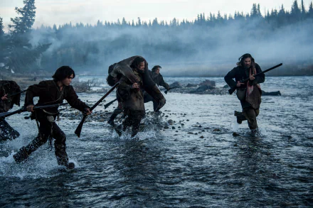 HD desktop wallpaper from 'The Revenant' featuring Leonardo DiCaprio and others wading through a river with rifles.