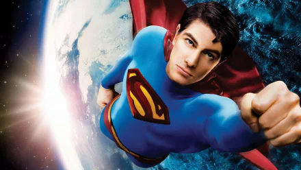 Brandon Routh as Superman in a striking HD wallpaper from Superman Returns, soaring through space with Earth in the background, embodying the iconic superhero's essence.
