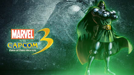 HD PC desktop wallpaper featuring Doctor Doom from the video game Marvel vs. Capcom 3: Fate of Two Worlds, showcasing a powerful, armored stance against a textured background.