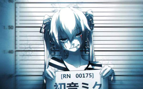 HD desktop wallpaper featuring Hatsune Miku from Vocaloid, with long hair and an intense expression in a mugshot setting.