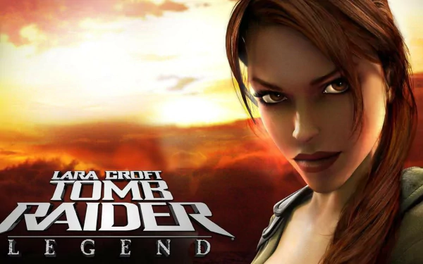 HD PC desktop wallpaper featuring Lara Croft from the video game Tomb Raider: Legend against a dramatic sunset background.
