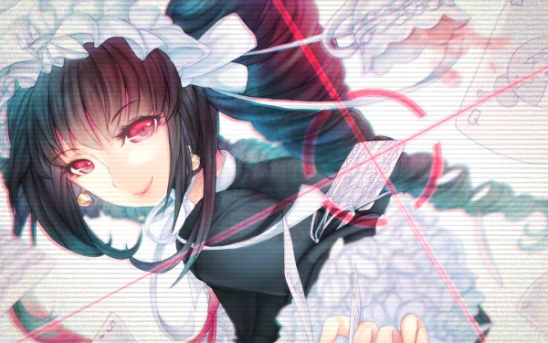 HD PC desktop wallpaper: anime portrait of Celestia Ludenberg from the video game Danganronpa — black hair, red eyes, gothic maid outfit with braided twin-tails.