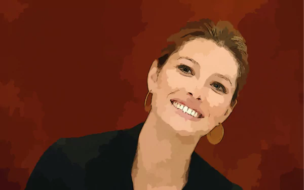 Smiling female portrait against a warm red backdrop, stylized 4K Ultra HD PC desktop wallpaper.