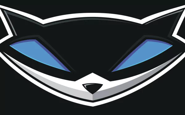 Stylized close-up of Sly Cooper's mask and grinning raccoon face from the video game Sly Cooper And The Thievius Raccoonus, HD PC desktop wallpaper background.
