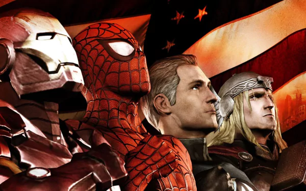 HD PC wallpaper featuring Marvel: Ultimate Alliance 2 characters Iron Man, Spider-Man (Peter Parker), Mister Fantastic, and Thor against a stylized American flag background.