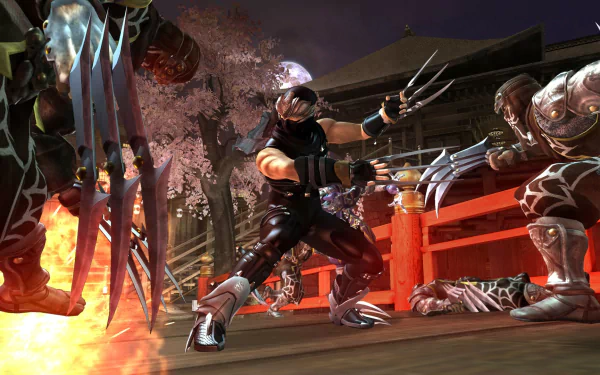 HD PC desktop wallpaper/background from the video game Ninja Gaiden Black: Ryu Hayabusa mid-combat on a red bridge, blades flashing amid moonlit cherry blossoms.