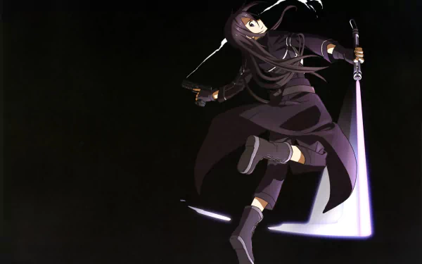 Kirito (Sword Art Online II) mid-leap in a dark cloak, sword glowing against a black void — 4K Ultra HD anime PC desktop wallpaper.