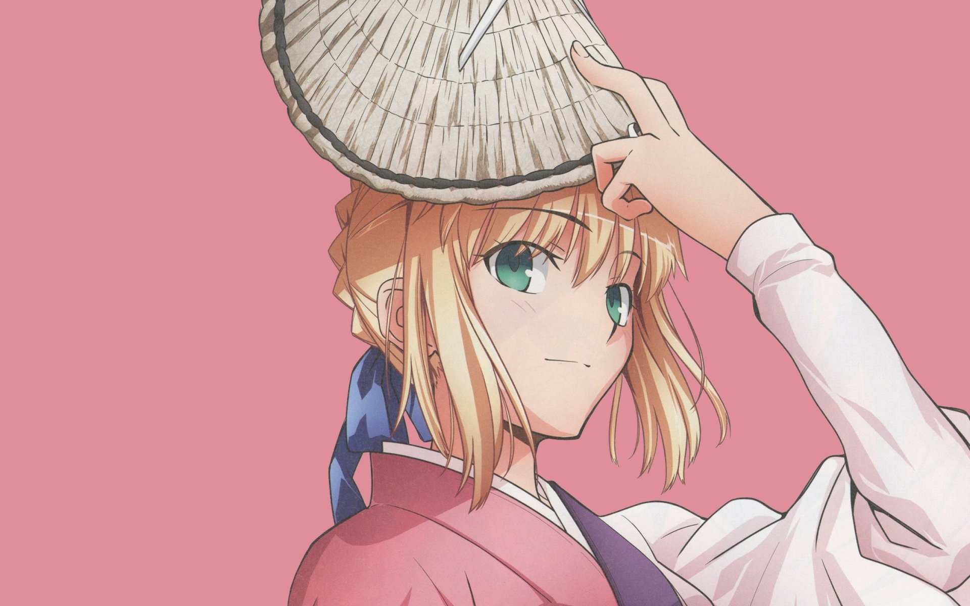 Artoria Pendragon, known as Saber from the Fate Series, features a confident pose with short blonde hair and green eyes, wearing traditional attire against a pink background.