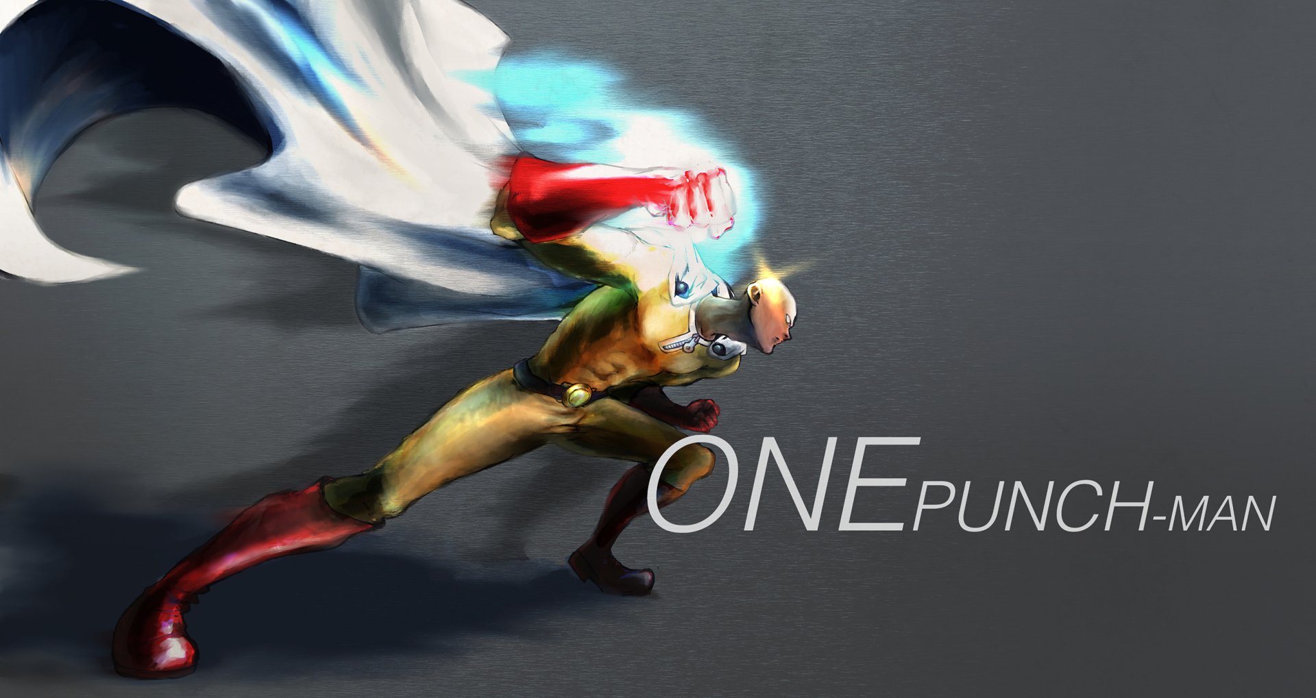 HD wallpaper featuring Saitama from the anime One-Punch Man, with a dynamic action pose and a blazing blue aura behind him. The words One-Punch Man are boldly displayed to the right.
