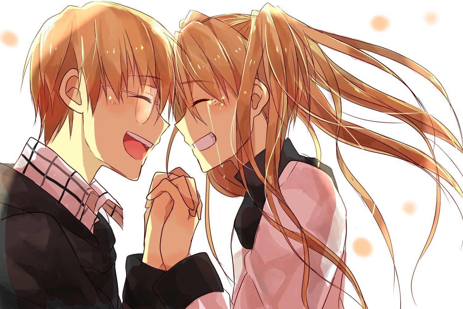 HD PC desktop anime wallpaper of Mary Macbeth and William MacBeth (Blood Blockade Battlefront) laughing and holding hands, warm lighting, wind‑blown hair against a soft, glowing background.