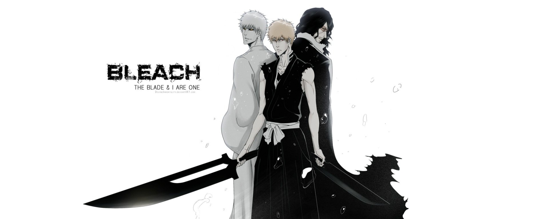 HD wallpaper featuring Zangetsu, Hollow Ichigo, and Ichigo Kurosaki from the anime Bleach, showcasing their iconic poses with katana and striking black and white artistry.
