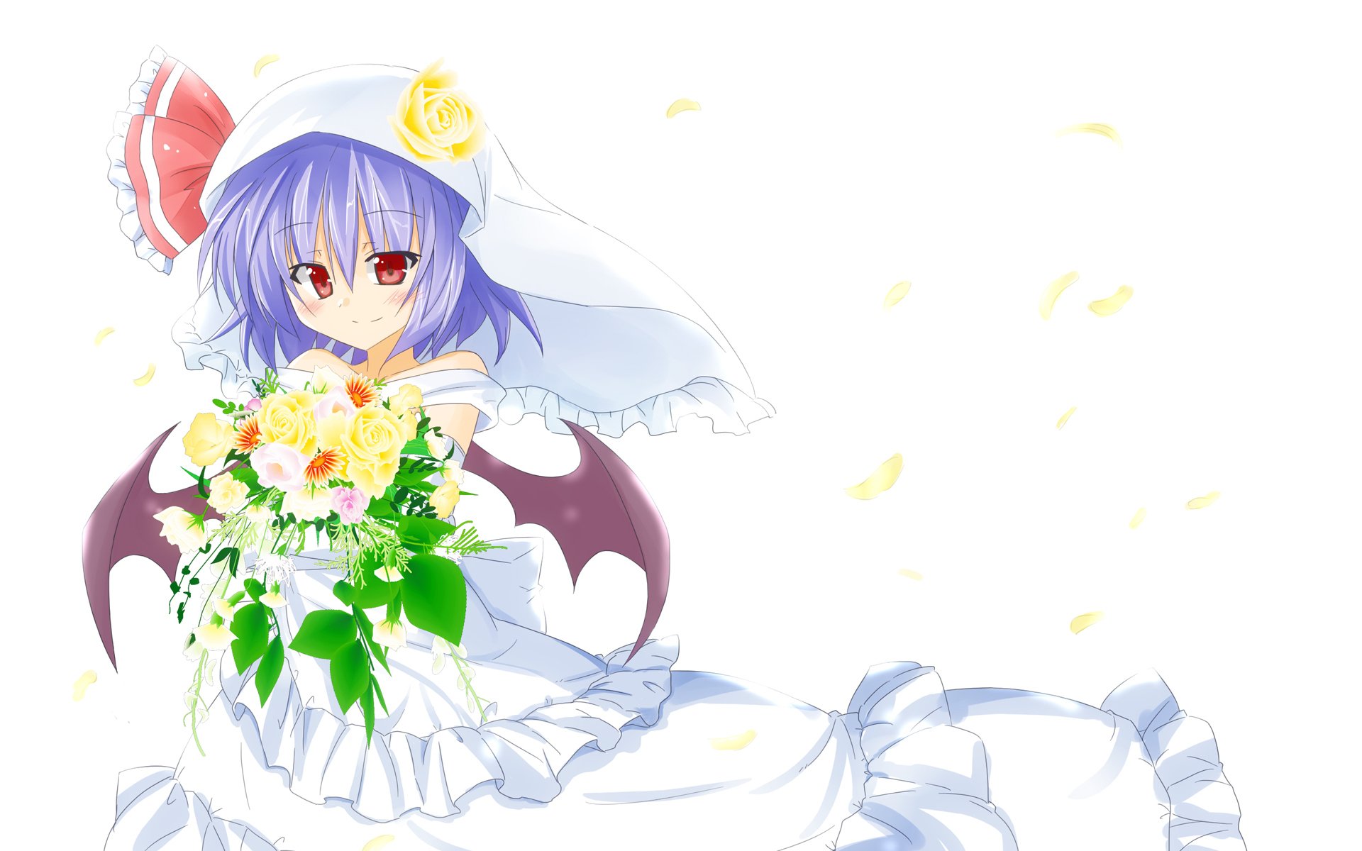 Download Wedding Dress Bride Flower Wings Red Eyes Purple Hair Short Hair Remilia Scarlet Anime Touhou HD Wallpaper