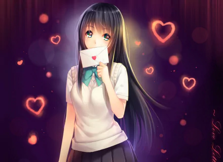 Anime-inspired HD wallpaper featuring a girl with long black hair in a school uniform, holding a love letter, surrounded by floating hearts.