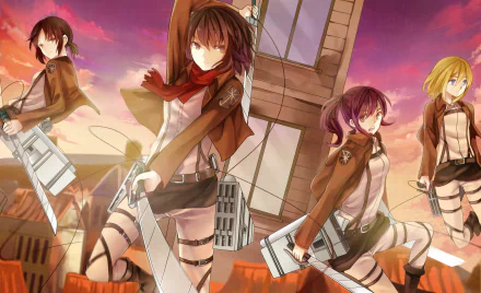 A vibrant HD wallpaper featuring Ymir, Historia Reiss, Sasha Blouse, and Mikasa Ackerman from Attack on Titan, set against a dramatic sunset backdrop.