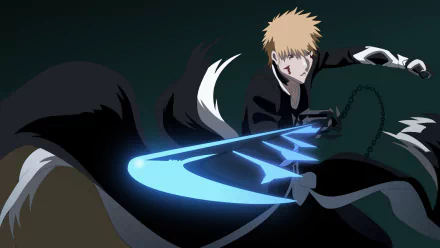 Ichigo Kurosaki, with his signature orange hair, wields a glowing katana in this dynamic HD wallpaper from the anime Bleach, capturing a moment of intense action.