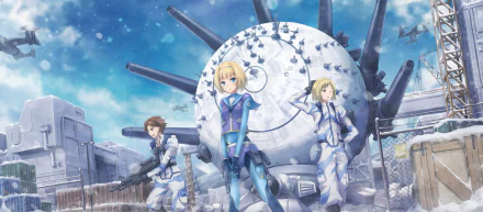 Three characters from Heavy Object pose in a snowy landscape, featuring Havia Winchell, Quenser Barbotage, and Milinda Brantini, set against a large, weaponized sphere.