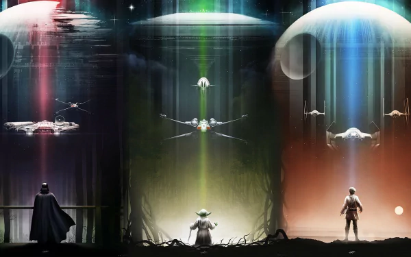 HD desktop wallpaper featuring Star Wars characters including Darth Vader, Yoda, and Luke Skywalker, set against iconic backdrops like the Death Star, Millennium Falcon, TIE Fighter, and X-Wing. Sci-Fi themed.
